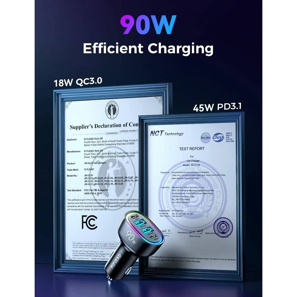 FLY LEAD 90W Fast Car Charger Adapter 4 Port USB C PD QC 3.0 LED Black JR-CL29
